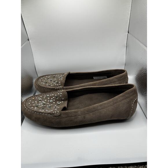 Vionic Athens Shoes Womens 9.5 Tan Suede Loafers Studded Slip On Comfort - Picture 2 of 6